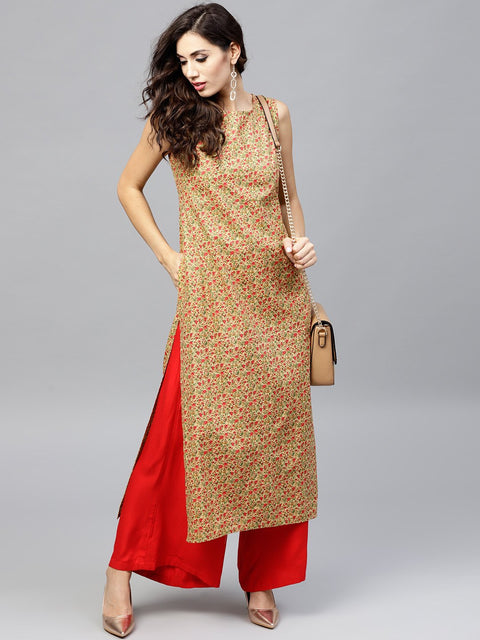 Floral printed calf length sleeveless dress with round neck