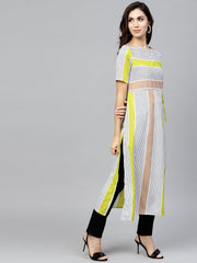 Striped Calf lenth dress with round neck and half sleeves