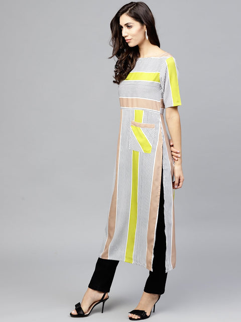 Striped Calf lenth dress with round neck and half sleeves