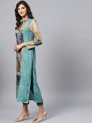 Multi colored Front Placket kurta with Madarin collar and full sleeves