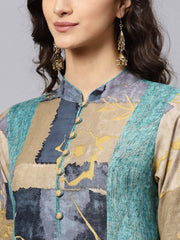 Multi colored Front Placket kurta with Madarin collar and full sleeves