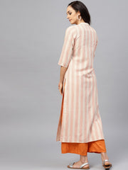 Peach and White striped Kurta with Madarin collar and 3/4 sleeves