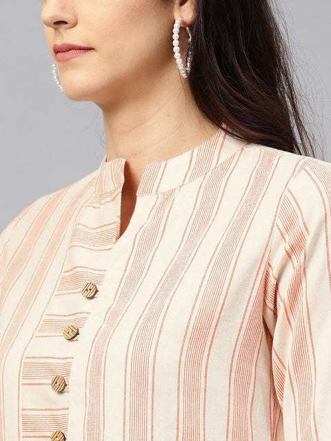 Peach and White striped Kurta with Madarin collar and 3/4 sleeves
