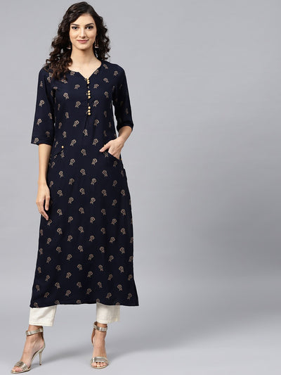 Navy Blue printed Kurta with V-neck and 3/4 sleeves