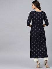 Navy Blue printed Kurta with V-neck and 3/4 sleeves