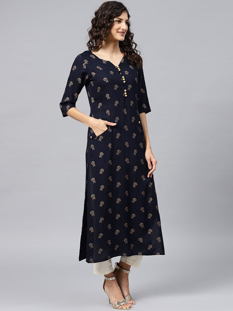 Navy Blue printed Kurta with V-neck and 3/4 sleeves