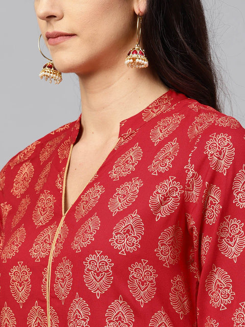 Red printed kurta with madarin collar and half sleeves