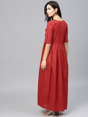 Maroon printed maxi dress with Round neck and Half Sleeves