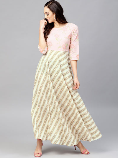 Multi colored Maxi dress with round neck and 3/4 sleeves