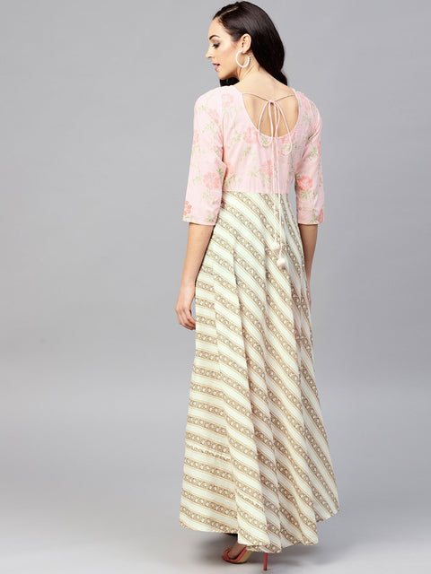 Multi colored Maxi dress with round neck and 3/4 sleeves