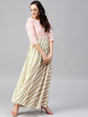 Multi colored Maxi dress with round neck and 3/4 sleeves