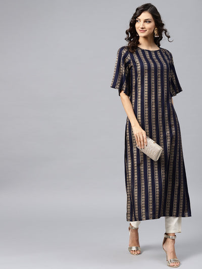 Geometric Printed navy blue Kurta with Round neck and half slevees