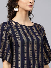 Geometric Printed navy blue Kurta with Round neck and half slevees