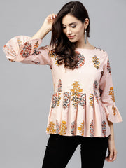 Peach printed top with round neck and 3/4 sleeves