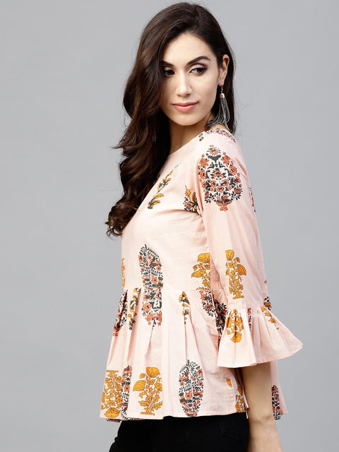 Peach printed top with round neck and 3/4 sleeves