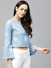 Blue printed crop top with Round neck and 3/4 sleeves
