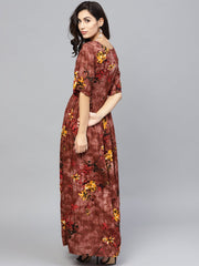 Brown Printed maxi dress with Round neck and flared sleeves