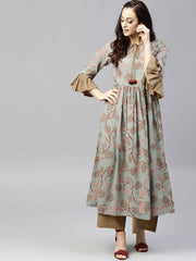 Multi colored 3/4th sleeve cotton anarkali kurta with solid ankle length palazzo