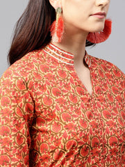 Red Floral Printed Maxi dress with Madarin collar slit and full sleeves