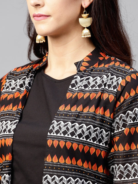 Solid Black Blouse Set with Black Palazzo and Printed Long Jacket