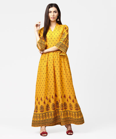 Yellow printed 3/4th flared sleeve cotton maxi dress