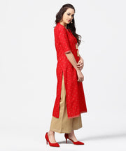 Red 3/4th sleeve dot printed cotton kurta with Beige pallazo