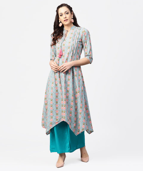 Blue 3/4th sleeve cotton printed assymetric kurta with ankle length pallazo