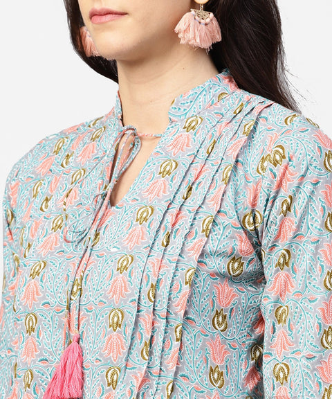 Blue 3/4th sleeve cotton printed assymetric kurta with ankle length pallazo