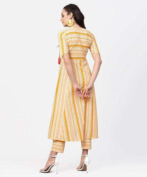 Yellow printed half slevee cotton A-line kurta with dori work with ankle length pant