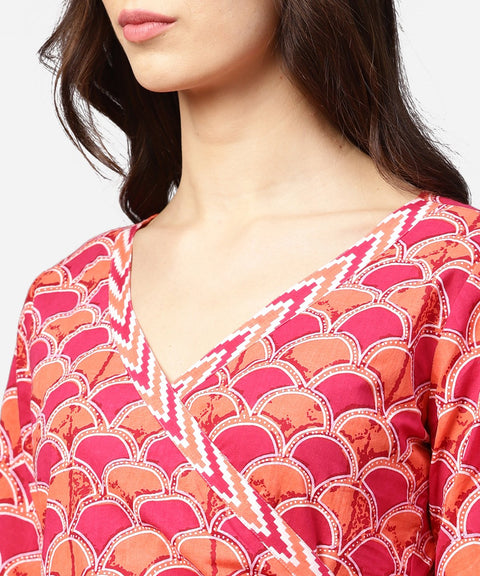 Red printed 3/4th sleeve angrakha style cotton tunic