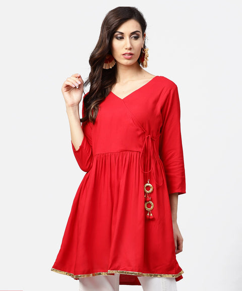 Red 3/4th sleeve angrakha style flared tunic with dori work