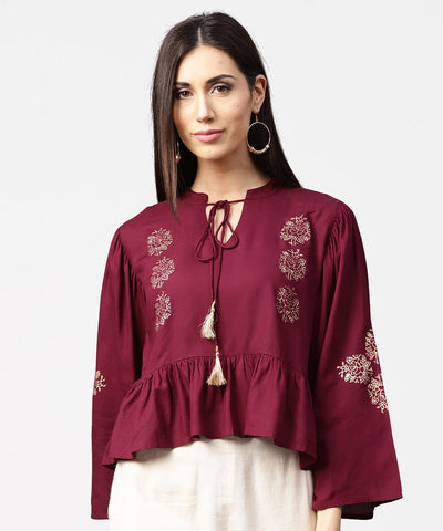 Maroon full sleeve block printed crop tops with dori work at neck