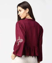 Maroon full sleeve block printed crop tops with dori work at neck