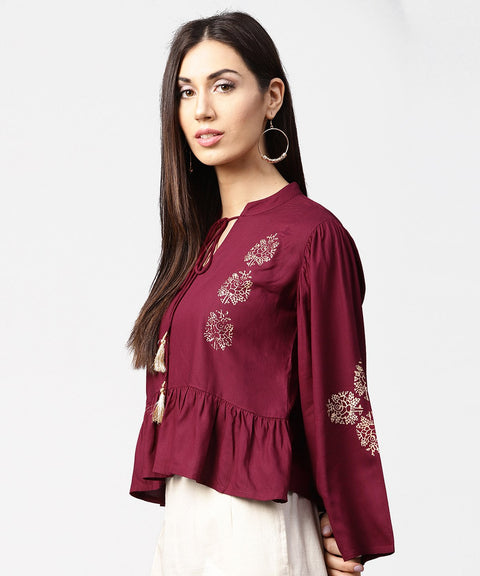 Maroon full sleeve block printed crop tops with dori work at neck