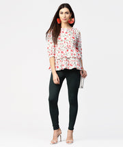 White & Red printed 3/4th cold shoulder sleeve layered tops