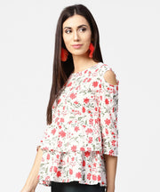 White & Red printed 3/4th cold shoulder sleeve layered tops