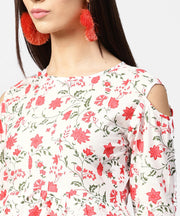 White & Red printed 3/4th cold shoulder sleeve layered tops
