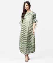 Green printed half sleeve cotton kurta with dori work on sleeves