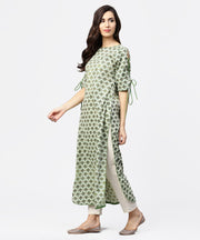 Green printed half sleeve cotton kurta with dori work on sleeves