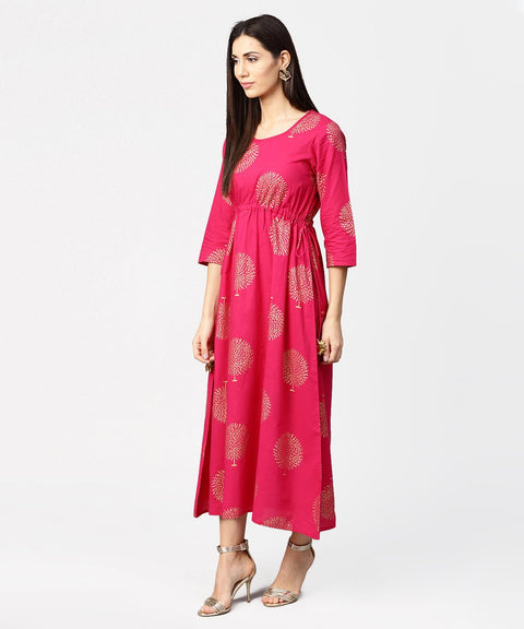 Red 3/4th sleeve cotton maxi dress with elastic at west & latkan