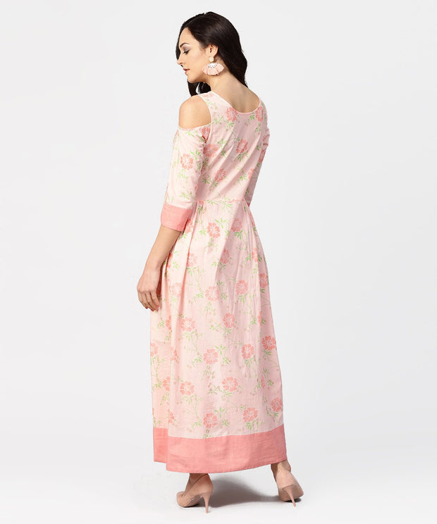 Peach printed 3/4th cold shoulder sleeve maxi dress