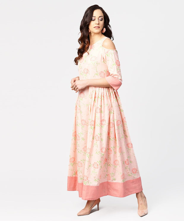 Peach printed 3/4th cold shoulder sleeve maxi dress