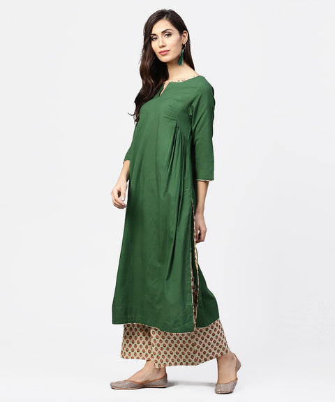 Solid green 3/4th sleeve side gathering cotton kurta with printed pallazo