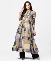 Blue & beige printed 3/4th sleeve cotton Anarkali kurta with pleat work in yoke