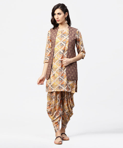 Brown printed 3/4th sleeve cotton kurta with ankle length dhoti & grey printed open jacket