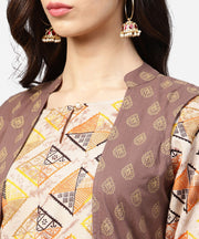 Brown printed 3/4th sleeve cotton kurta with ankle length dhoti & grey printed open jacket