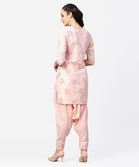 Peach printed 3/4th sleeve pleated kurti with ankle length block printed salwar