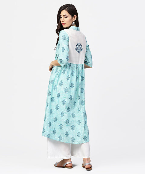 Blue printed 3/4th sleeve cotton Anarkali kurta