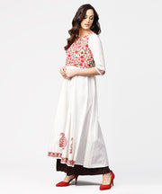 White & Red block printed 3/4th sleeve cotton anarkali kurta