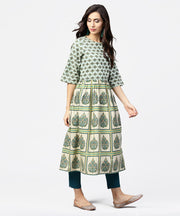 Green printed half flared sleeve A-line kurta